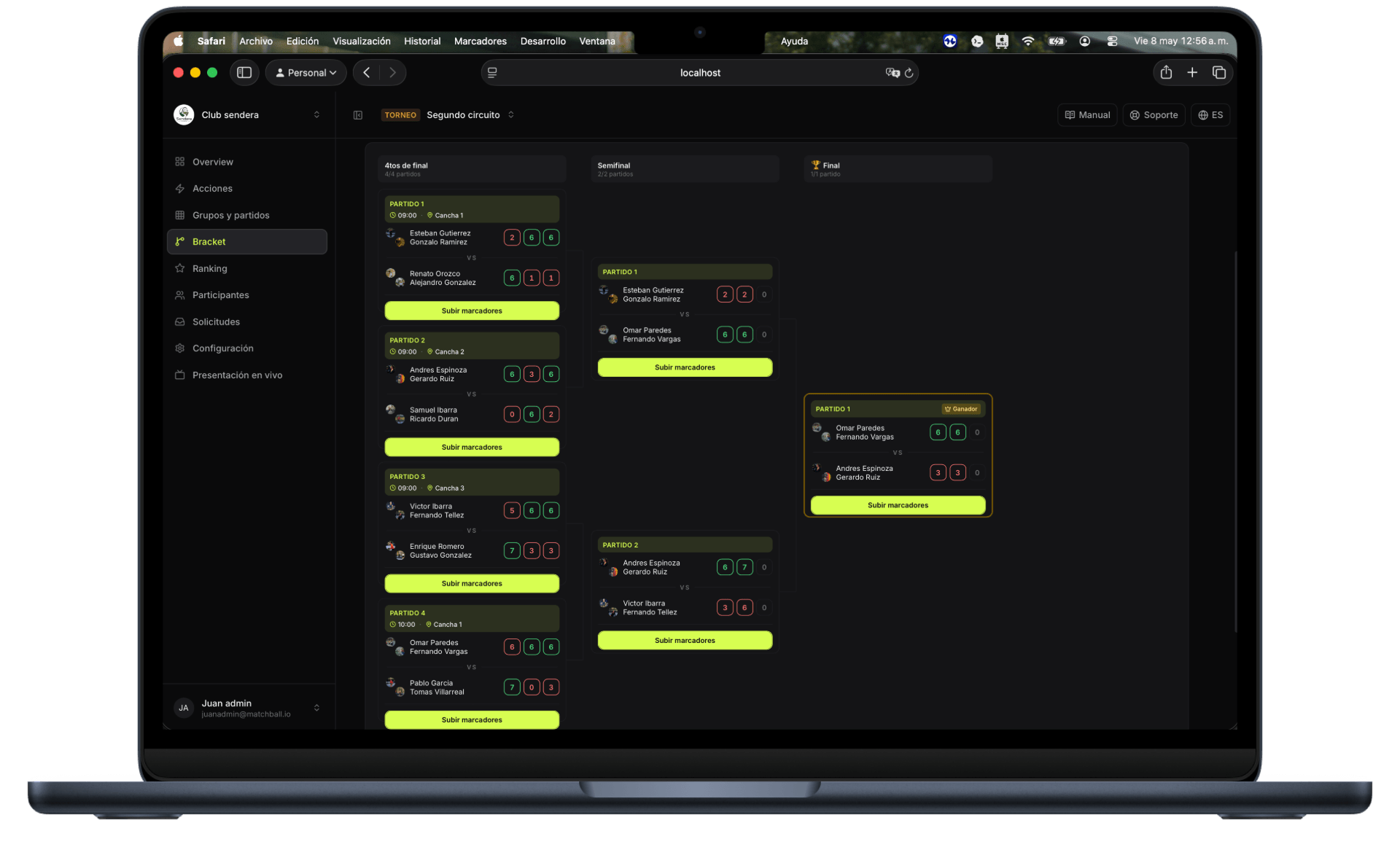 Bracket view of a tournament inside the Matchball dashboard