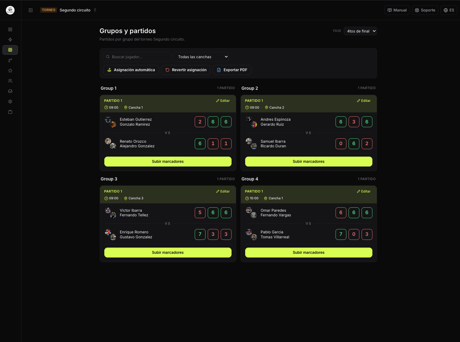 Groups & matches view in the Matchball dashboard